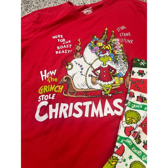 Dr. Seuss Grinch Unisex Two Piece Pajamas Red/Green Christmas T-shirt Joggers XL - Picture 3 of 9